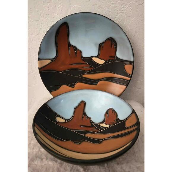 Tabletops Gallery Set 2 Navajo Hand Painted Sedona Red Rock Salad Plate & Bowl - Picture 1 of 5